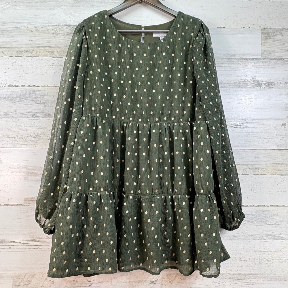 Hayden Los Angeles Olive Green Gold Metallic‎ Polka Dot Tiered Babydoll Tunic L